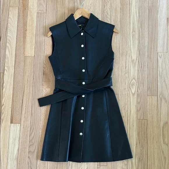 Maje Black Genuine Leather Sleeveless Button-Up Dress - Picture 3 of 4